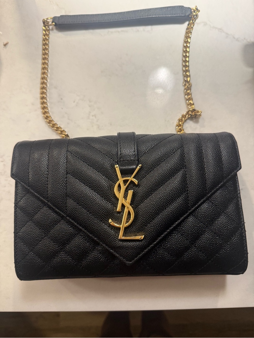 Saint Laurent Black Quilted Leather Crossbody with Gold YSL Logo and Chain